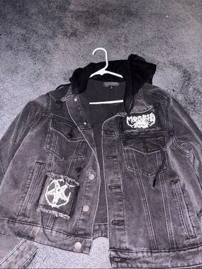Black Washed Denim Jacket with Hoodie Layer - widow